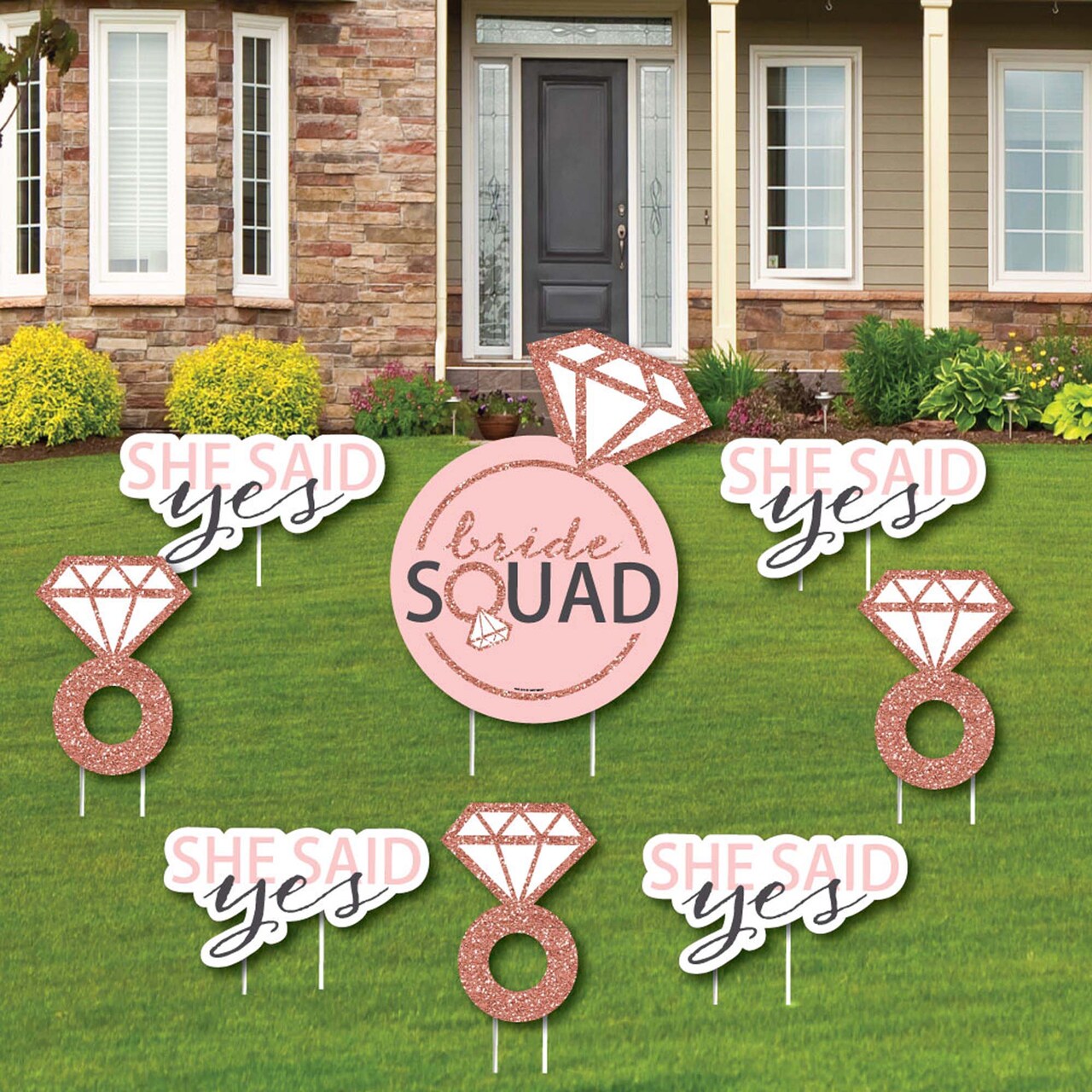 Big Dot of Happiness Bride Squad - Yard Sign and Outdoor Lawn Decorations - Rose Gold Bridal Shower or Bachelorette Party Yard Signs - Set of 8